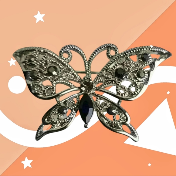 Vintage silver tone butterfly brooch pin with black stones NWOT - Picture 1 of 17